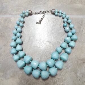 Aqua Faceted Double Strand Chunky Statement Necklace Silver Tone Adjustable